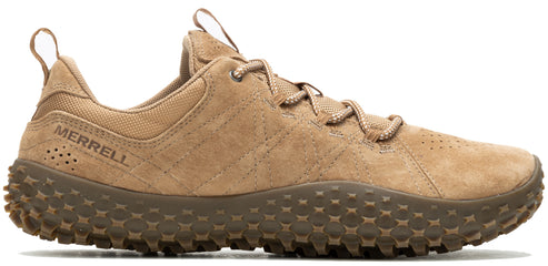A tan suede shoe with a tan honeycomb tread.