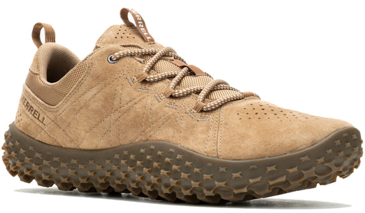 Tan suede casual shoe with a lug sole and a looped lace system.