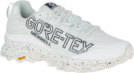 A white athletic shoe with Gore-Tex and Merrell printed on the sides, and a white speckled sole.