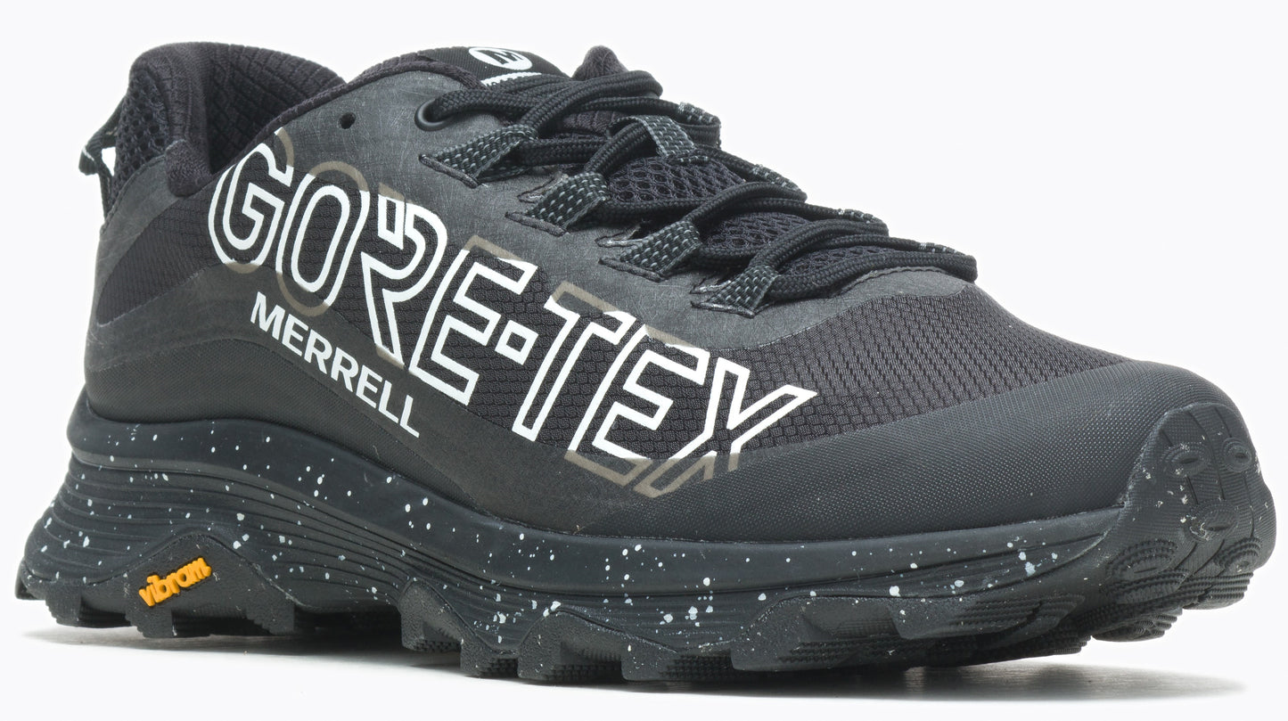 Black athletic shoe with GORE-TEX and MERRELL printed on the side.