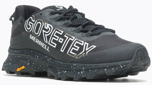 Black athletic shoe with GORE-TEX and MERRELL printed on the side.