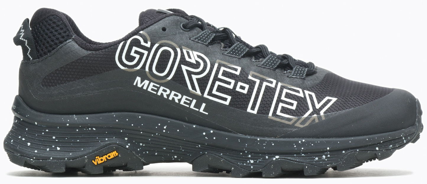 Black low-top athletic shoe with Gore-Tex and Merrell written on it.
