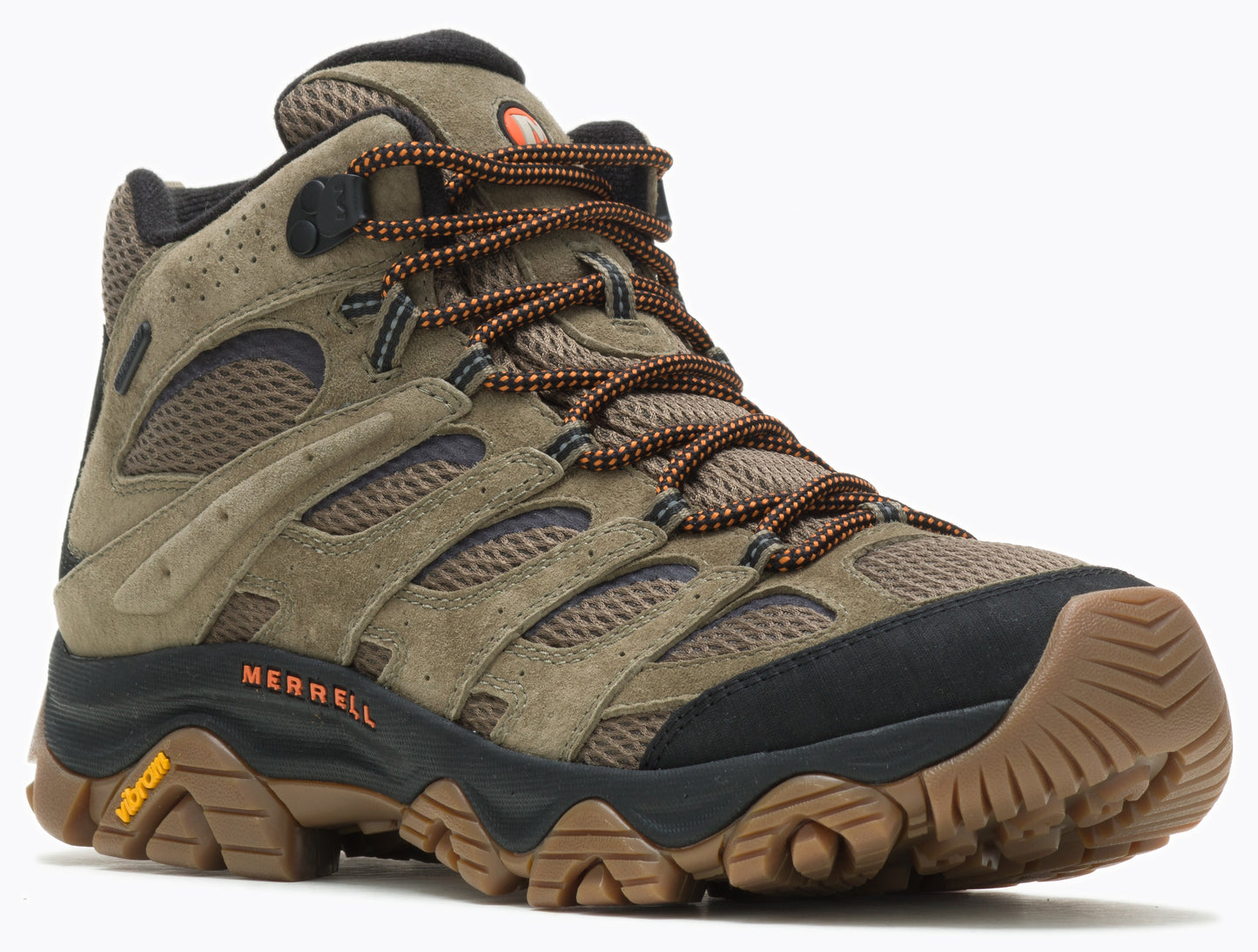 High-top olive-green hiking boot with black accents and brown treaded sole, laces, and mesh.