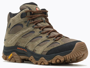 High-top olive-green hiking boot with black accents and brown treaded sole, laces, and mesh.