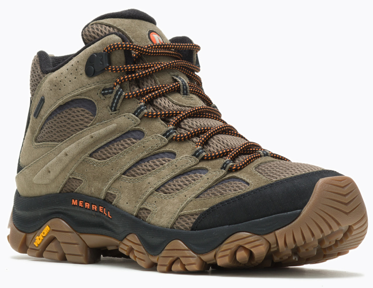 High top tan hiking boot with brown laces and Vibram soles.