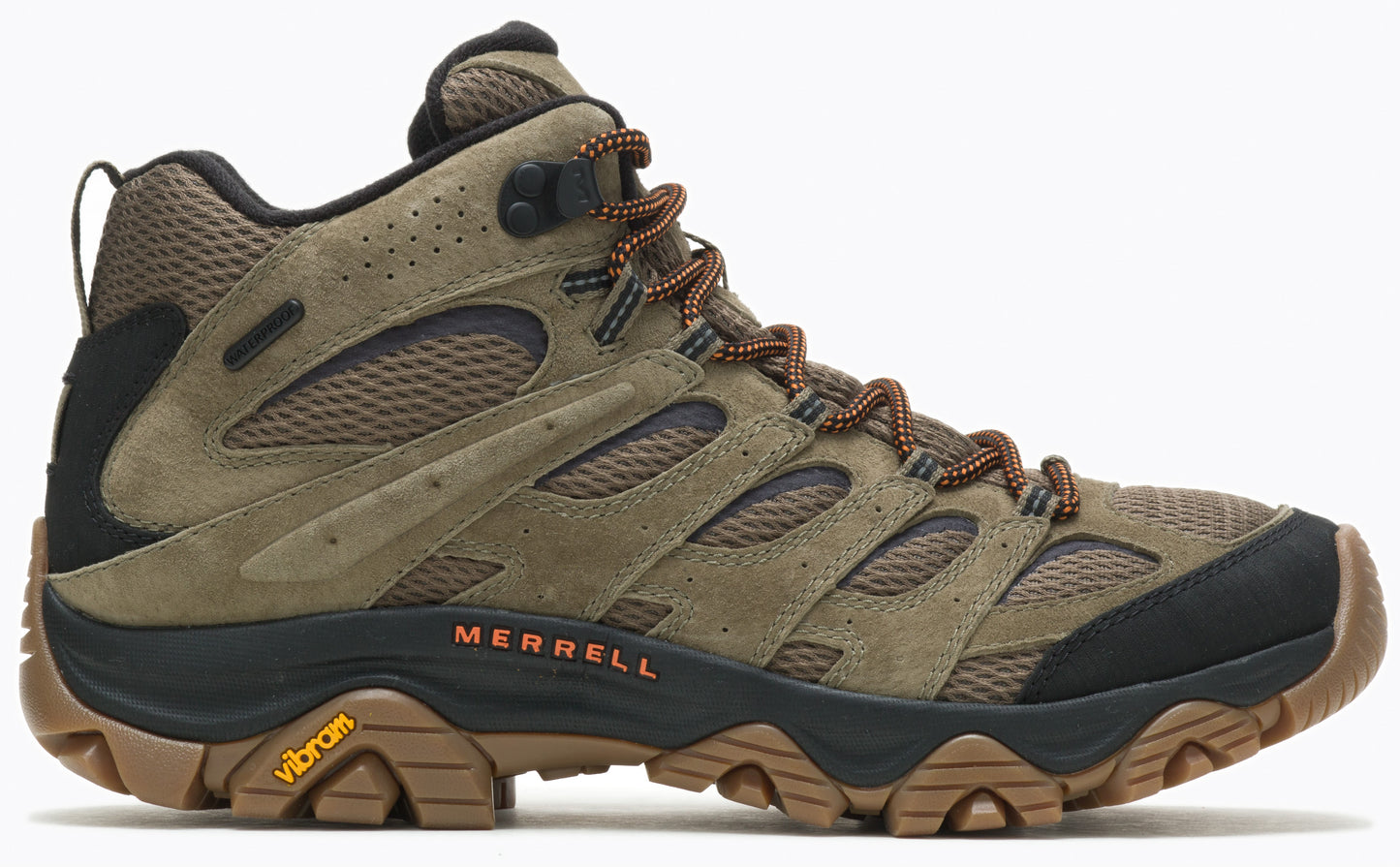 Side view of a brown high-top hiking boot with black trim, orange laces, and "Merrell" and "Vibram" text on it.