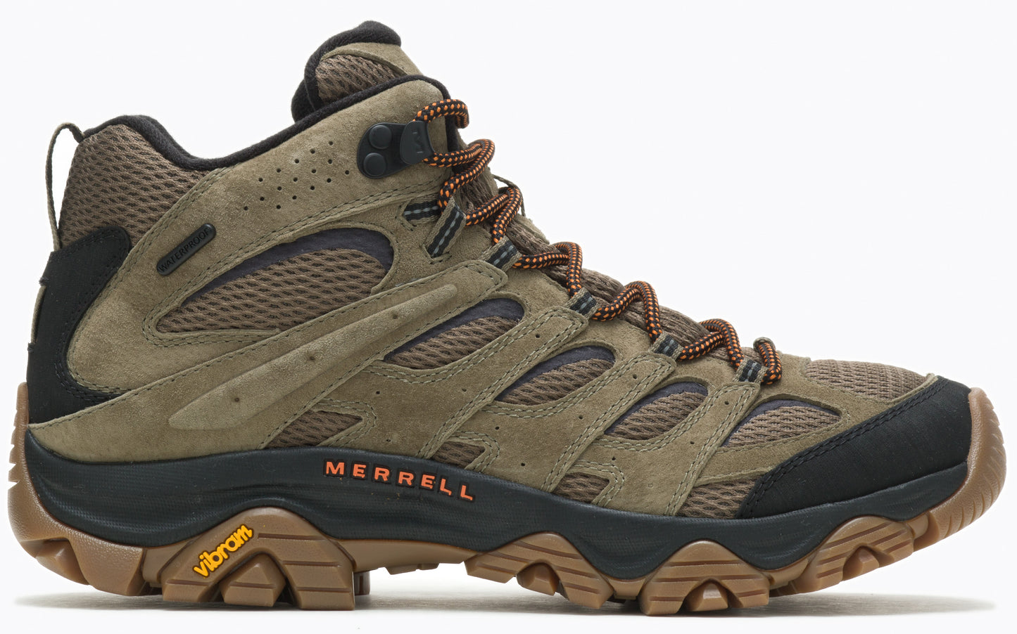 Hiking boot in brown, with black rubber soles, and orange shoelaces.