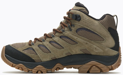 Hiking boot with brown suede upper, black rubber toe cap, brown and black midsole, and lugged brown outsole.