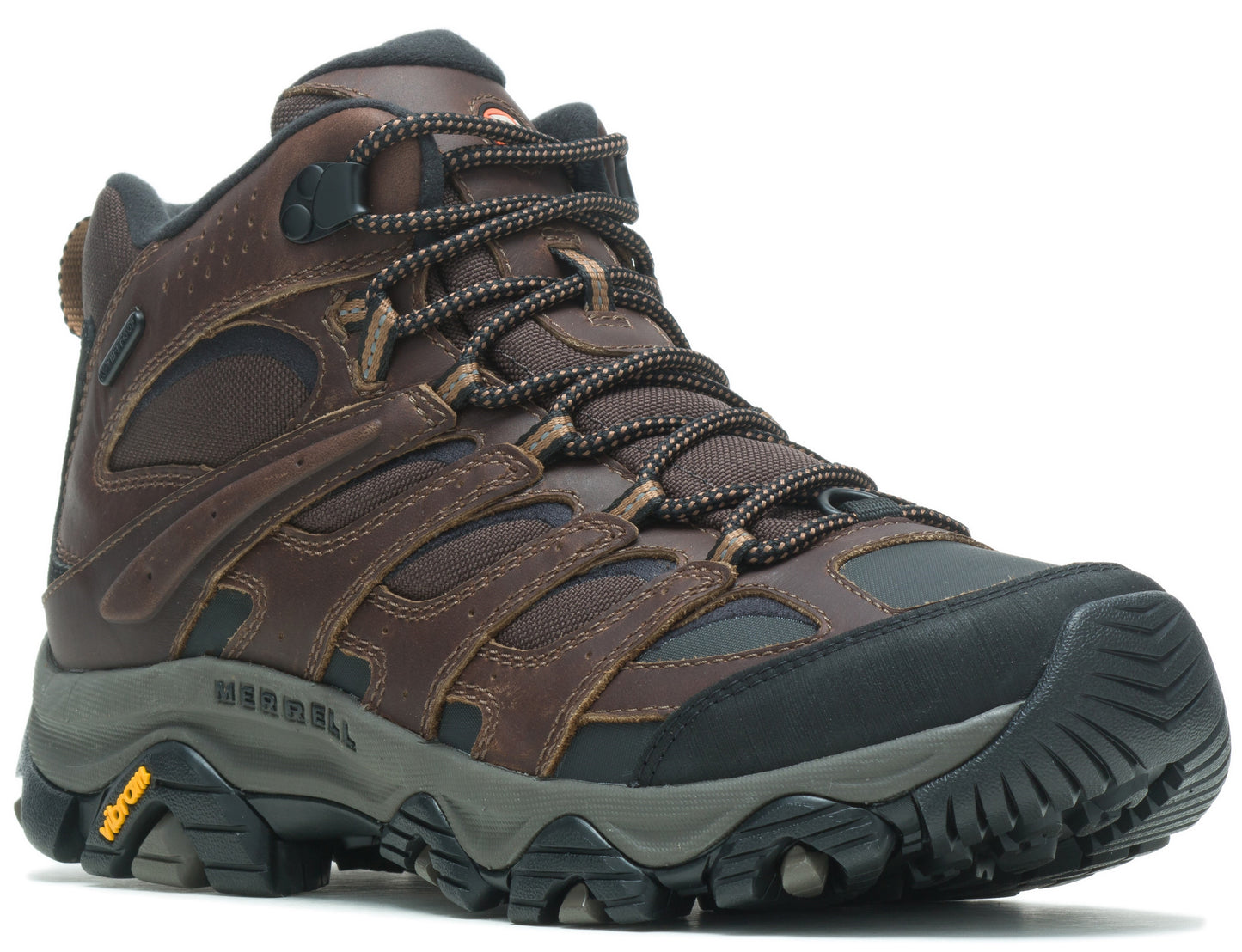 Brown leather hiking boot with laces and rugged sole.