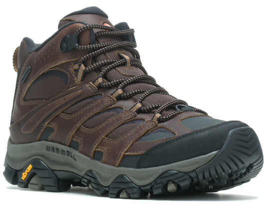 Brown leather hiking boot with laces and rugged sole.