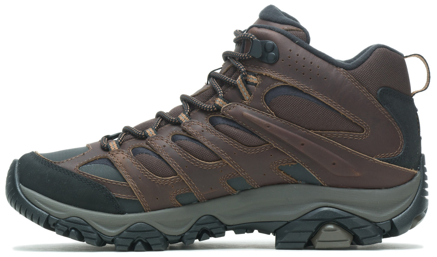 Brown leather hiking boot with black toe and heel reinforcement and a lugged outsole.