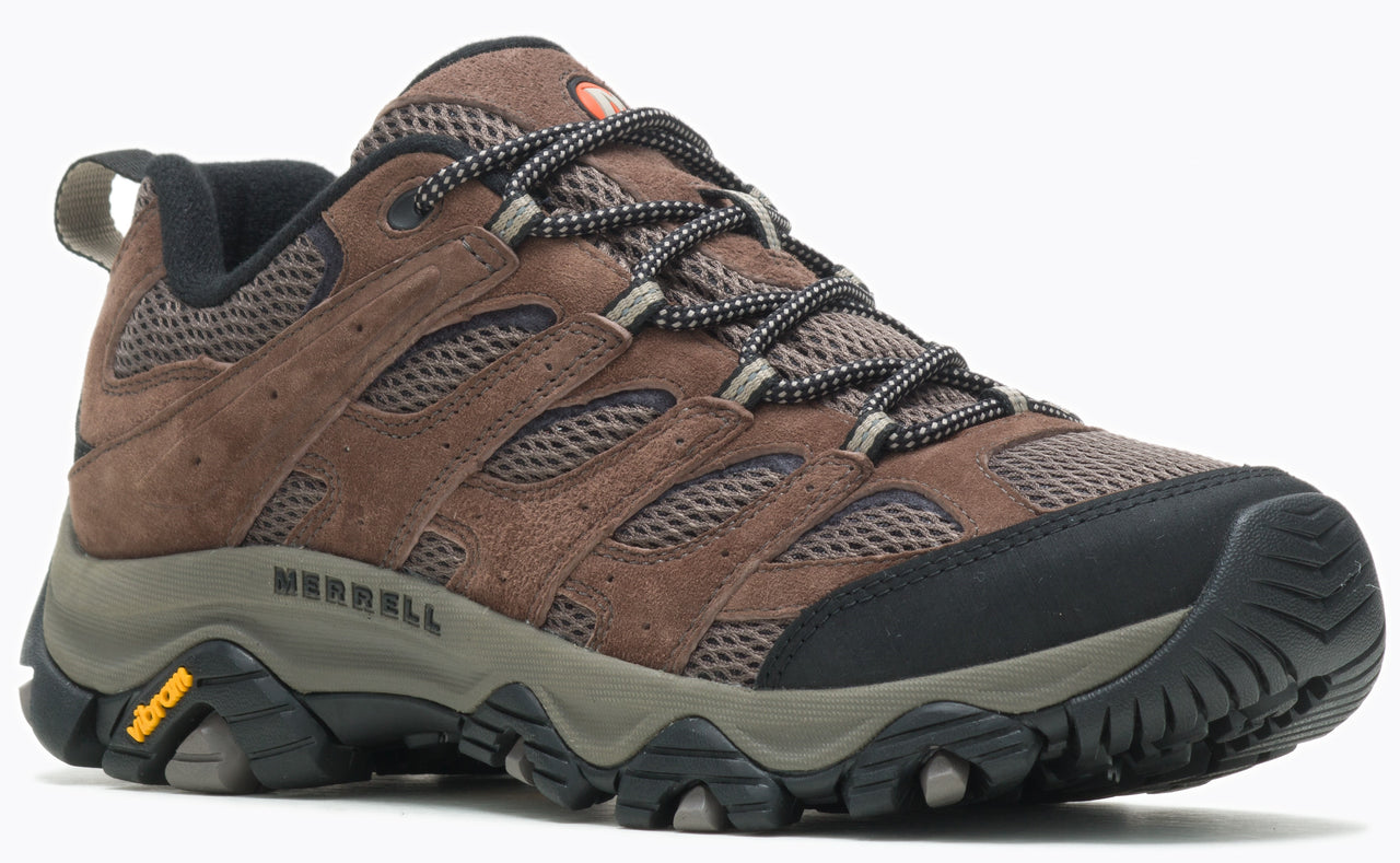 Hiking shoe with brown suede, black toe bumper, and gray sole.