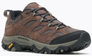 Hiking shoe with brown suede, black toe bumper, and gray sole.