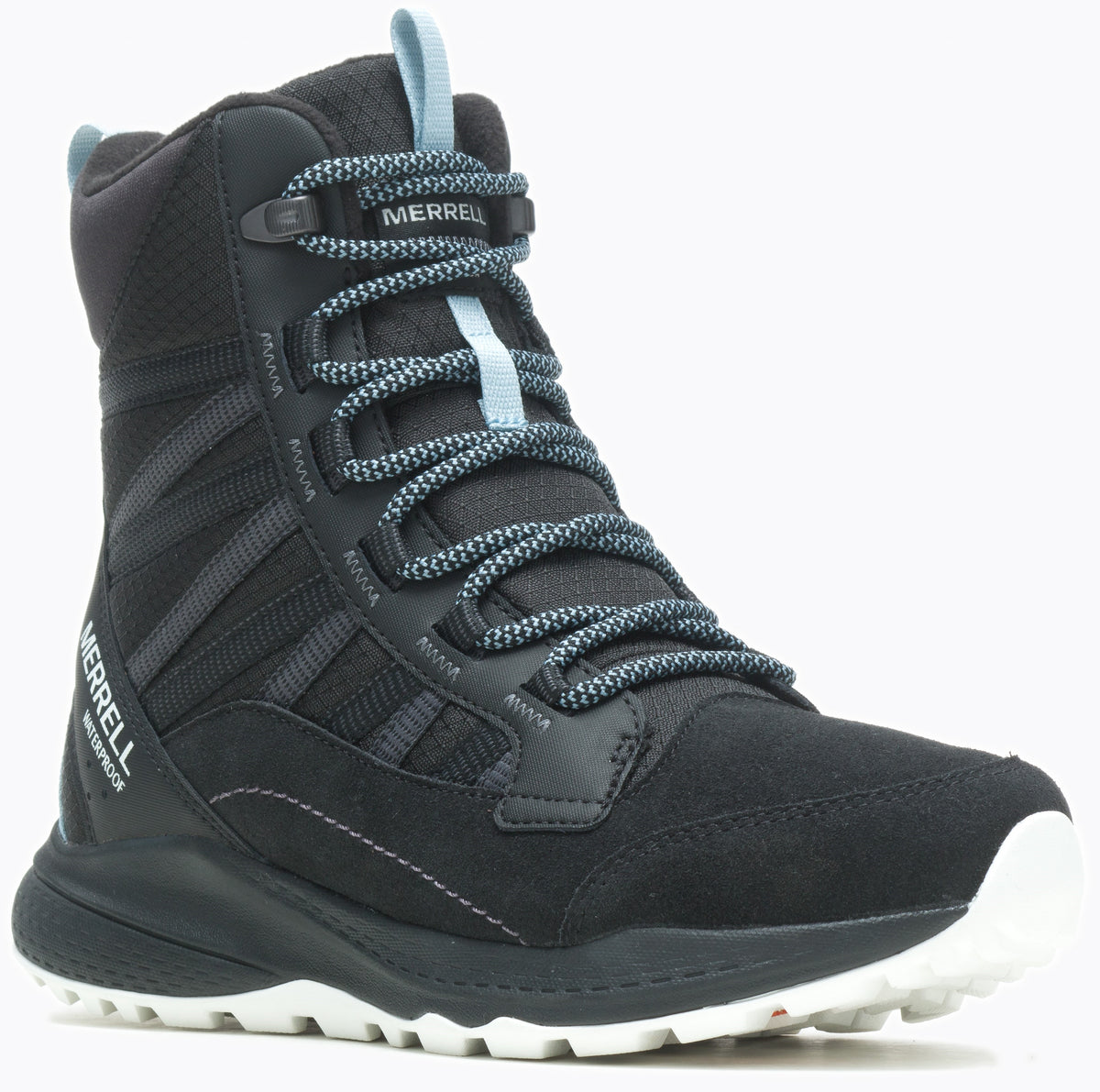 A black waterproof mid-calf boot with black laces, gray accents, and a white sole.