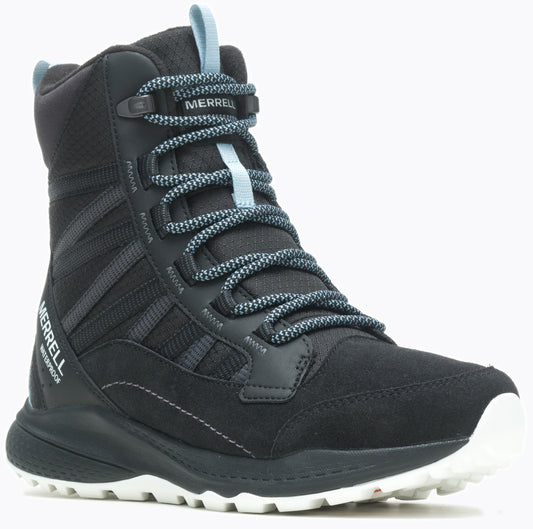 A black waterproof mid-calf boot with black laces, gray accents, and a white sole.