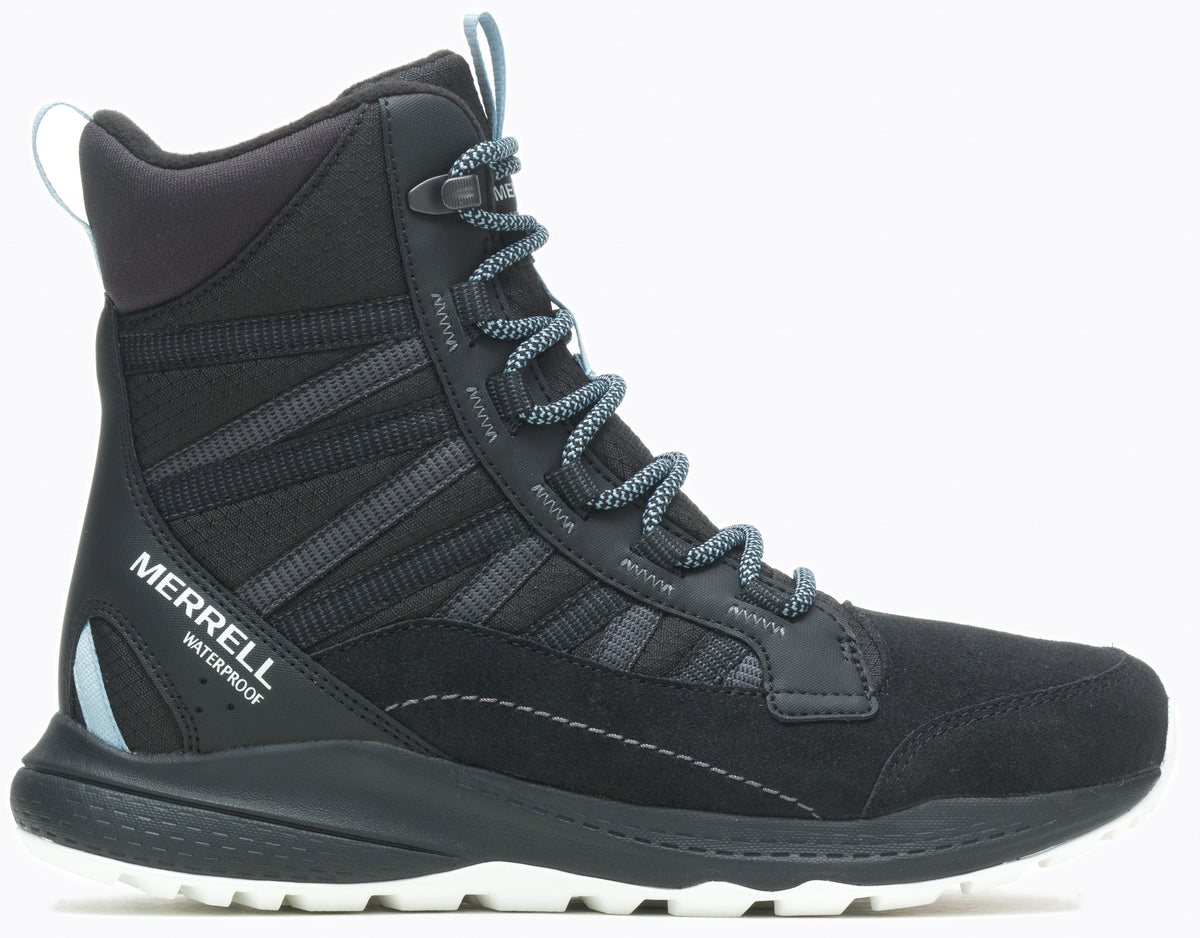 A black hiking boot with high ankle support and patterned laces, featuring a logo that reads "MERRELL WATERPROOF".