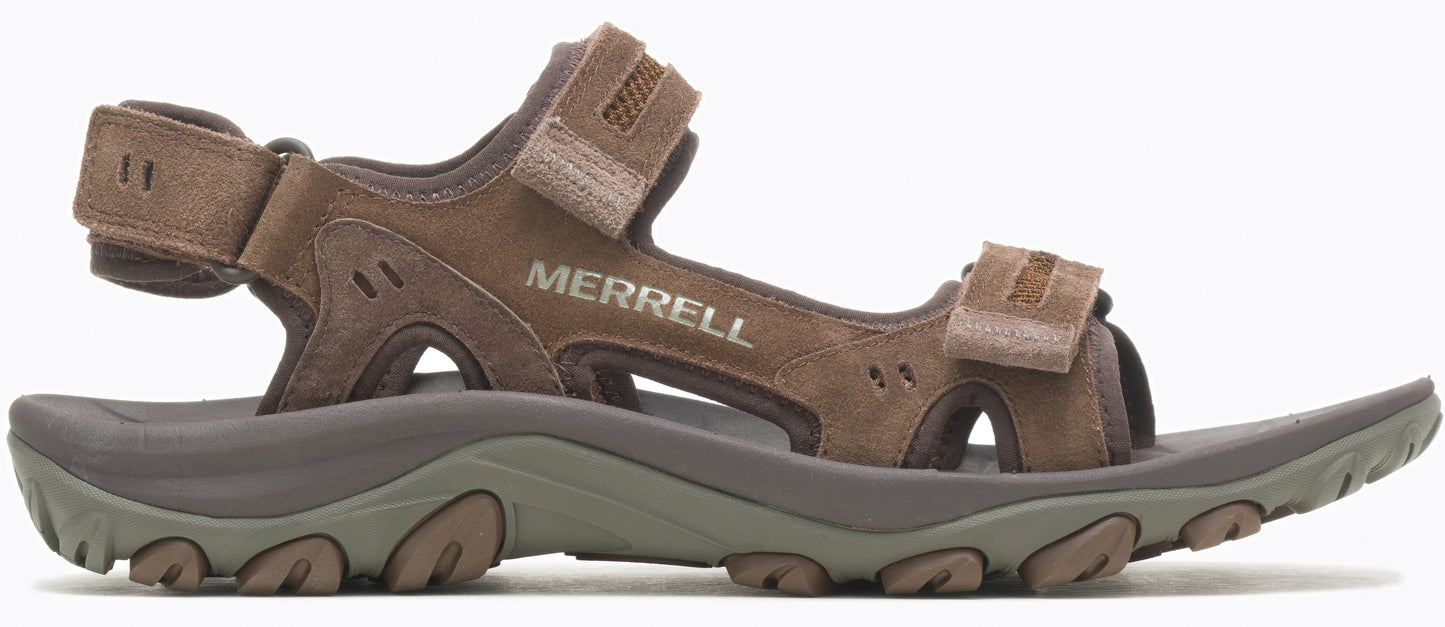 A brown sandal with a thick sole and adjustable straps.