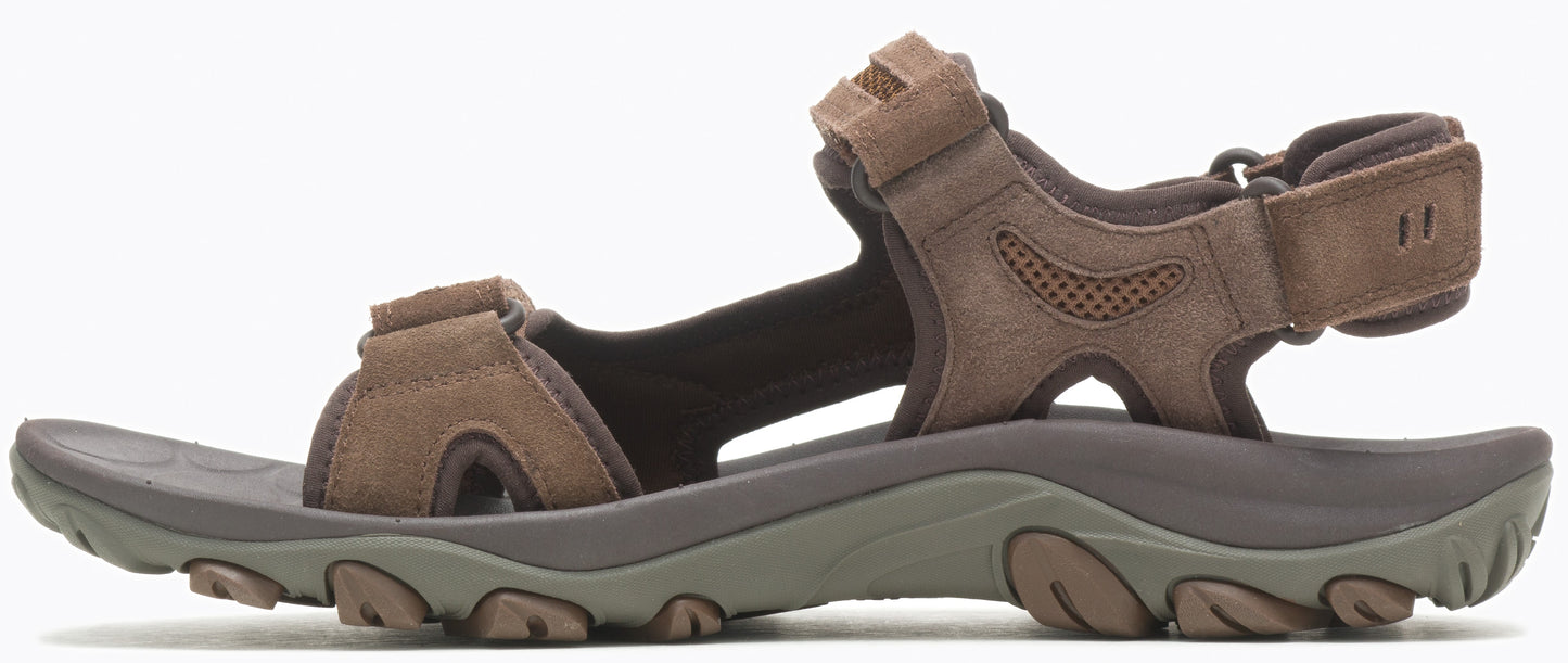 A brown sandal with velcro straps.