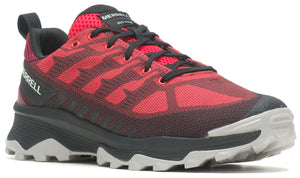 Red and black athletic shoe with black laces and lug sole.