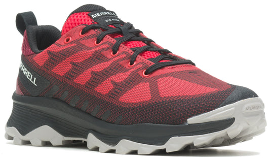 Red and black athletic shoe with black laces and lug sole.