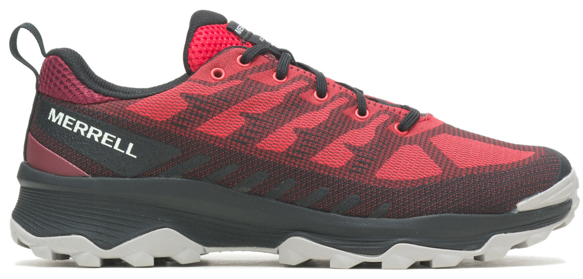 Red and black athletic shoe with the brand name MERRELL printed on the side.