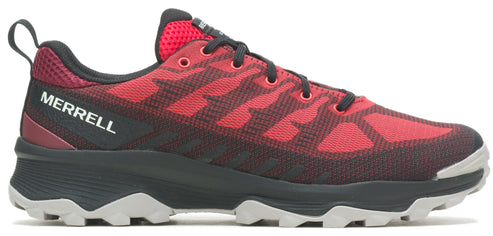 Red and black athletic shoe with the brand name MERRELL printed on the side.