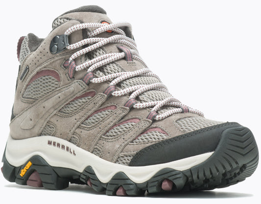A gray hiking boot with gray laces, dark gray toe cap, white midsole, and purple outsole accents.