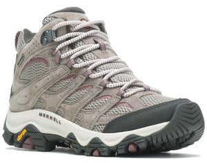 Hiking boot, gray suede and mesh upper, white midsole, lugged black and purple sole.