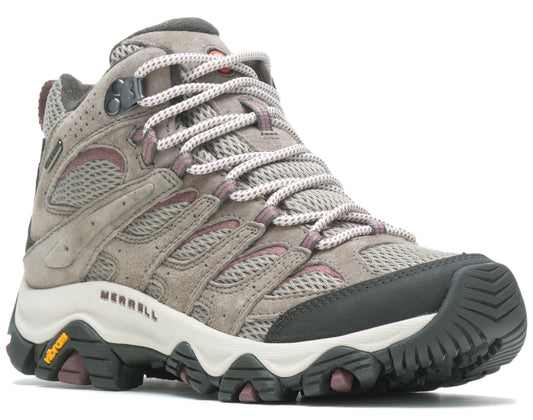 Hiking boot, gray suede and mesh upper, white midsole, lugged black and purple sole.