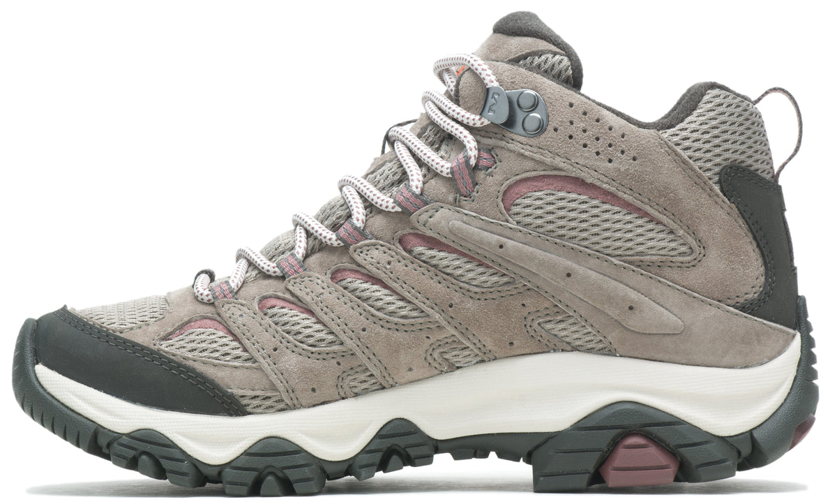 Hiking boot, gray suede and mesh upper, white sole, lace-up closure.