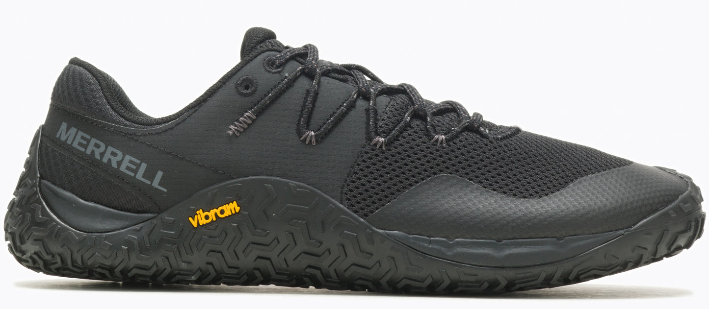 A black minimalist running shoe with a mesh upper and a vibram sole.
