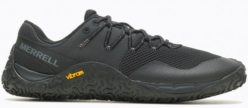 A black minimalist running shoe with a mesh upper and a vibram sole.