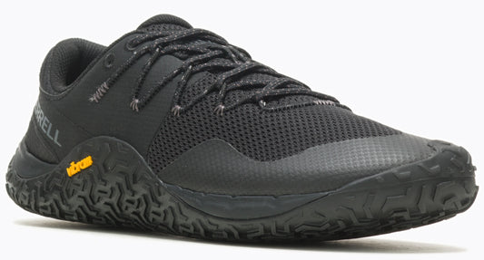 A black athletic shoe with dark laces and a yellow logo.