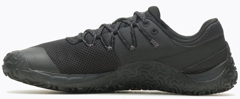 A black sneaker with a mesh upper and patterned sole.