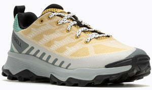 A low-top, off-white and tan athletic shoe with a black sole and laces.