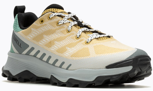 A low-top, off-white and tan athletic shoe with a black sole and laces.