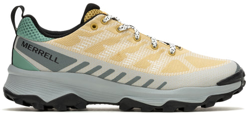 A low-profile hiking shoe with a beige and white upper, gray midsole with black accents, and the word MERRELL on the heel.