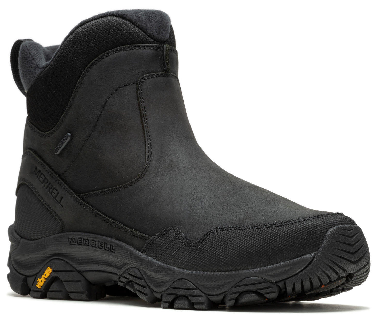 Black ankle-high boot with a thick, lugged sole and the word MERRELL visible on the side.