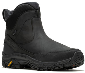 Black ankle-high boot with a thick, lugged sole and the word MERRELL visible on the side.