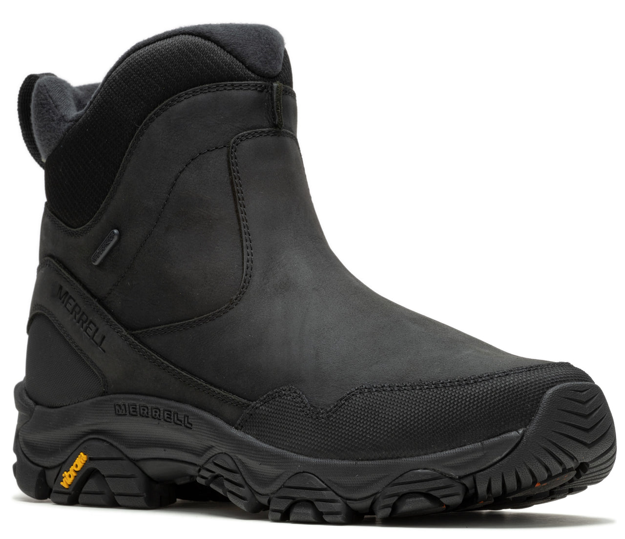 Black, waterproof, mid-rise boot with a lug sole and text 'MERRELL' and 'VIBRAM' visible.