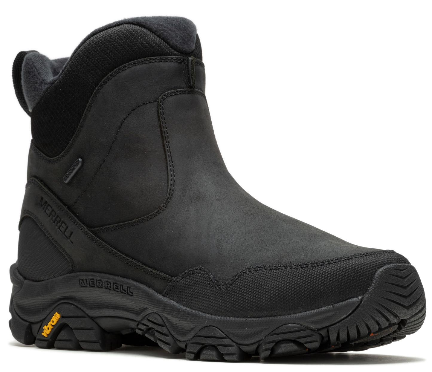 Black, waterproof, mid-rise boot with a lug sole and text 'MERRELL' and 'VIBRAM' visible.
