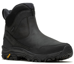 Black, waterproof, mid-rise boot with a lug sole and text 'MERRELL' and 'VIBRAM' visible.