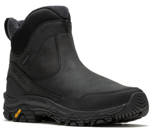 Black, waterproof, mid-rise boot with a lug sole and text 'MERRELL' and 'VIBRAM' visible.