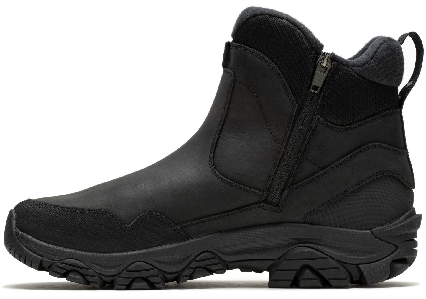 Black ankle-high boot with side zipper and loop at the back.