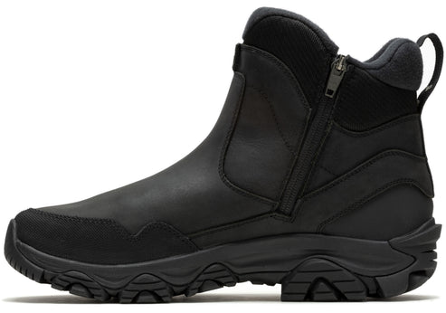 Black ankle-high boot with side zipper and loop at the back.