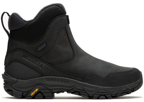 A black, waterproof, ankle-high boot with elasticized closure and Vibram sole.