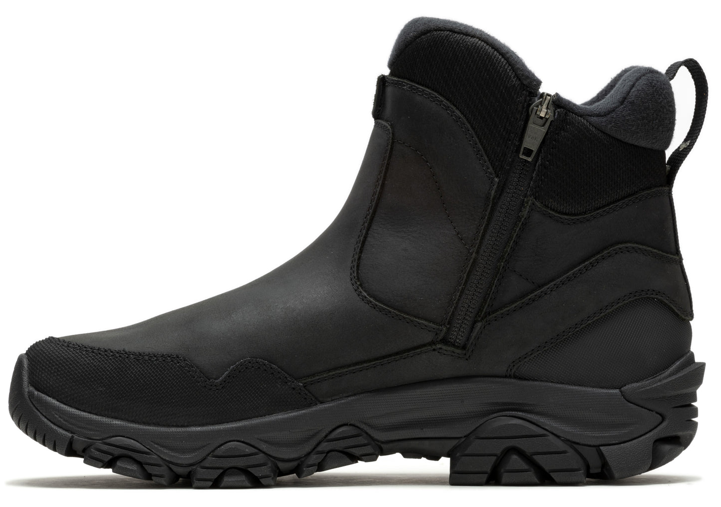 Black ankle boot with side zipper and pull tab on back.