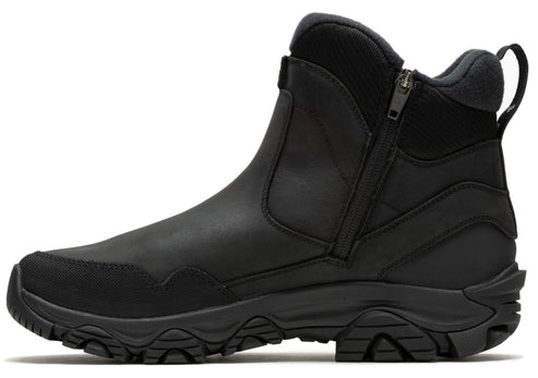 Black ankle boot with side zipper and pull tab on back.