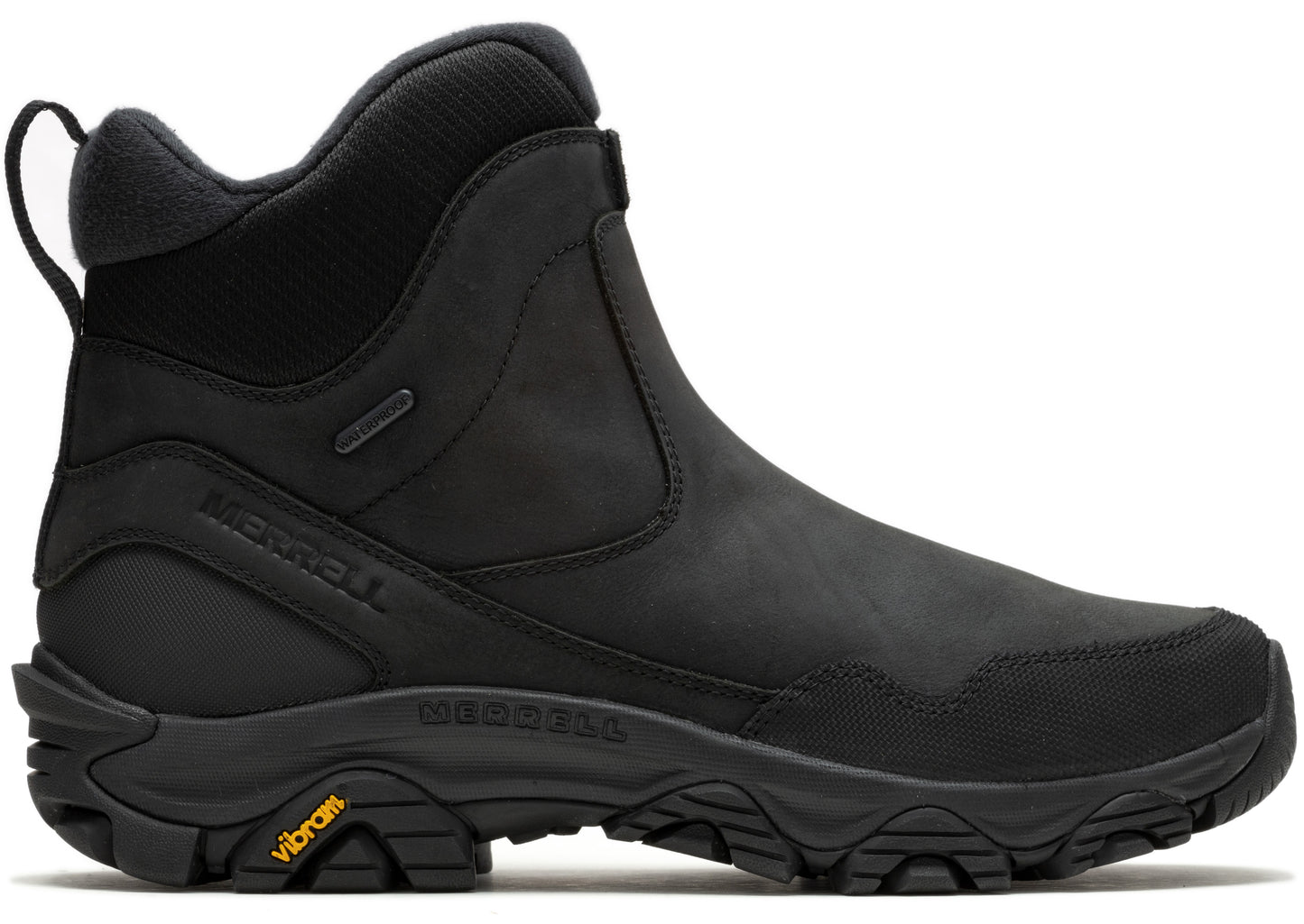 Black pull-on ankle boot with waterproof membrane and Vibram sole.