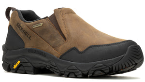 Slip-on brown leather shoe with black sole and the word "MERRELL" in gold.